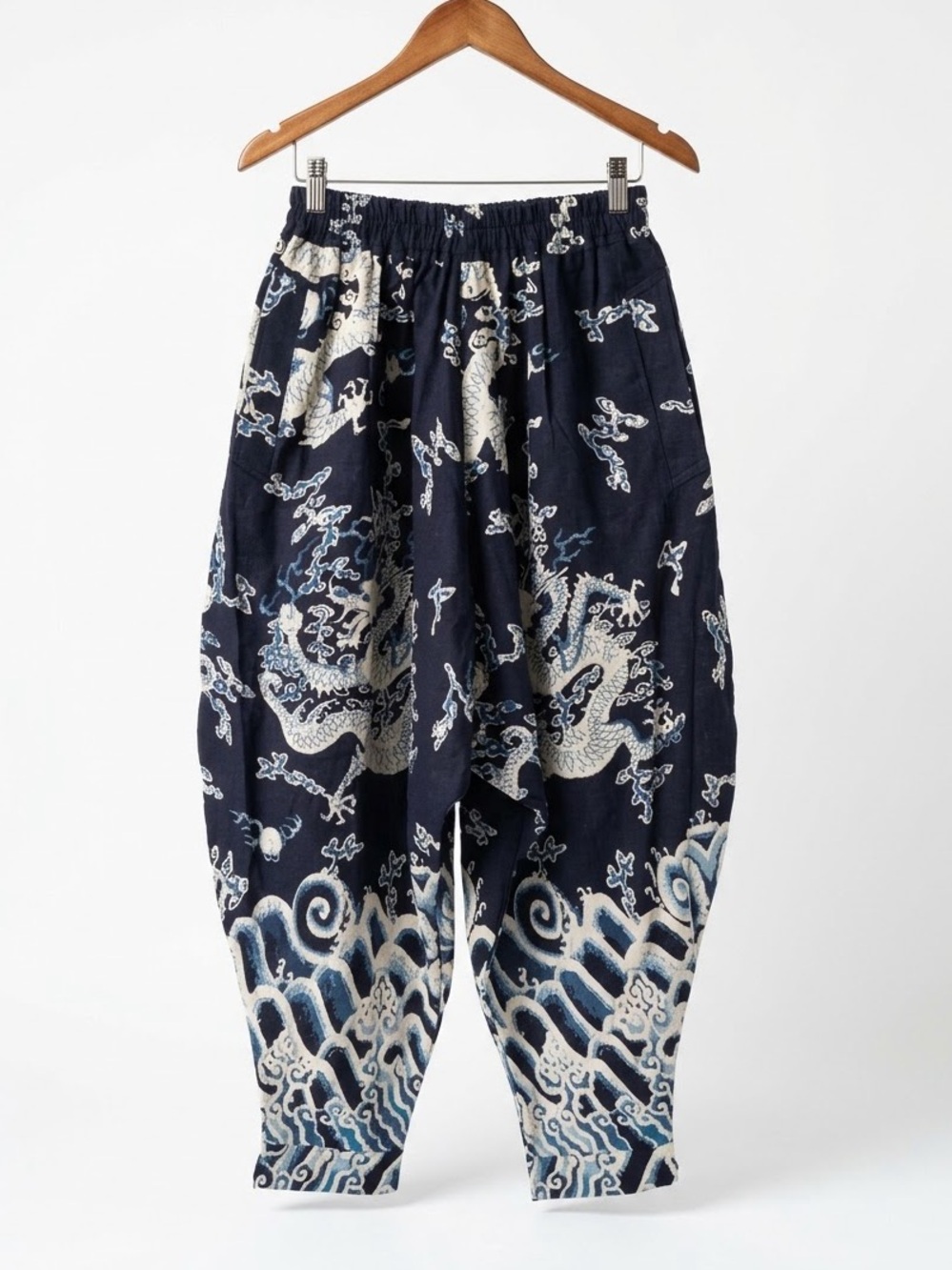 NWT • Fanzi Natural Dragon Print Harem Pants L Navy Blue Streetwear Harajuku